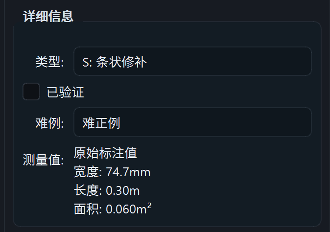 另一帧中选中单条后的详细信息:类型 S: 条状修补,已验证 未勾选,难例 难正例,测量值 原始标注值 宽度: 74.7mm 长度: 0.30m 面积: 0.060m²