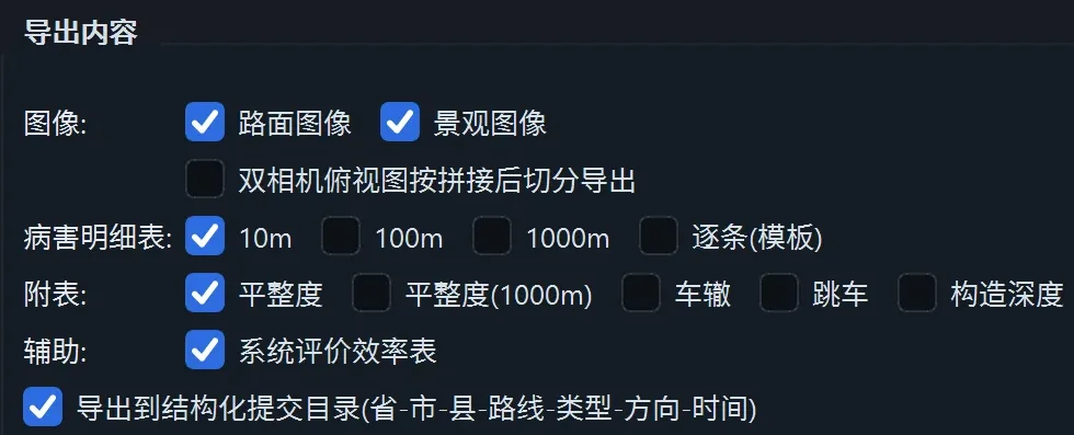 导出数据对话框：导出内容勾选区，图像一栏已勾选路面图像、景观图像，未勾选双相机俯视图按拼接后切分导出